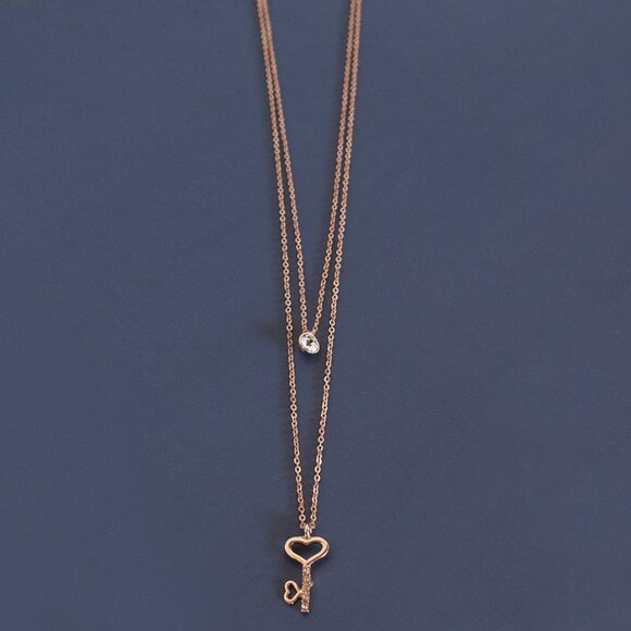 Rose Gold 2 Layer Chain Necklace With Crystal Key & Pendant - Picture 3 of 8